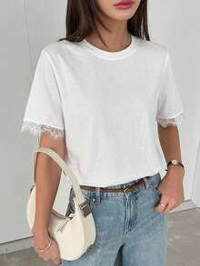 DAZY Camiseta casual y elegante de mujer con cuello redondo, puños de encaje y corte holgado - Blanco - Ver 2