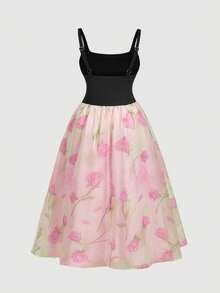 SHEIN MOD Plus Size Summer Black Elegant Wedding Ninang 2 In 1 Contrast Color Printed Organza Dress,Vintage Palace Style Garden Party Ball - Multicolor - View 2