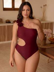 Swim Chiccia 2026 New Summer Beach Vacation Women's Solid Color Hollow Minimalist Sexy Stylish One-Piece Swimsuit, Plus Size One-Piece Swimwear Red - Burgundy - View 4