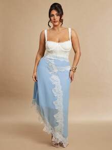 SHEIN BAE Váy nghỉ mát thanh lịch lãng mạn viền ren dành cho nữ cỡ lớn - Màu xanh nhạt - Xem 5