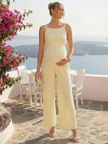 Loomaby Pregnant Women's Solid Color Spaghetti Strap Loose Jumpsuit, Casual Summer - Yellow - View 3