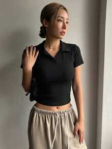 DAZY Women's Solid Color Polo Collar Fitted Short Sleeve T-Shirt Crop Top - Black - View 8