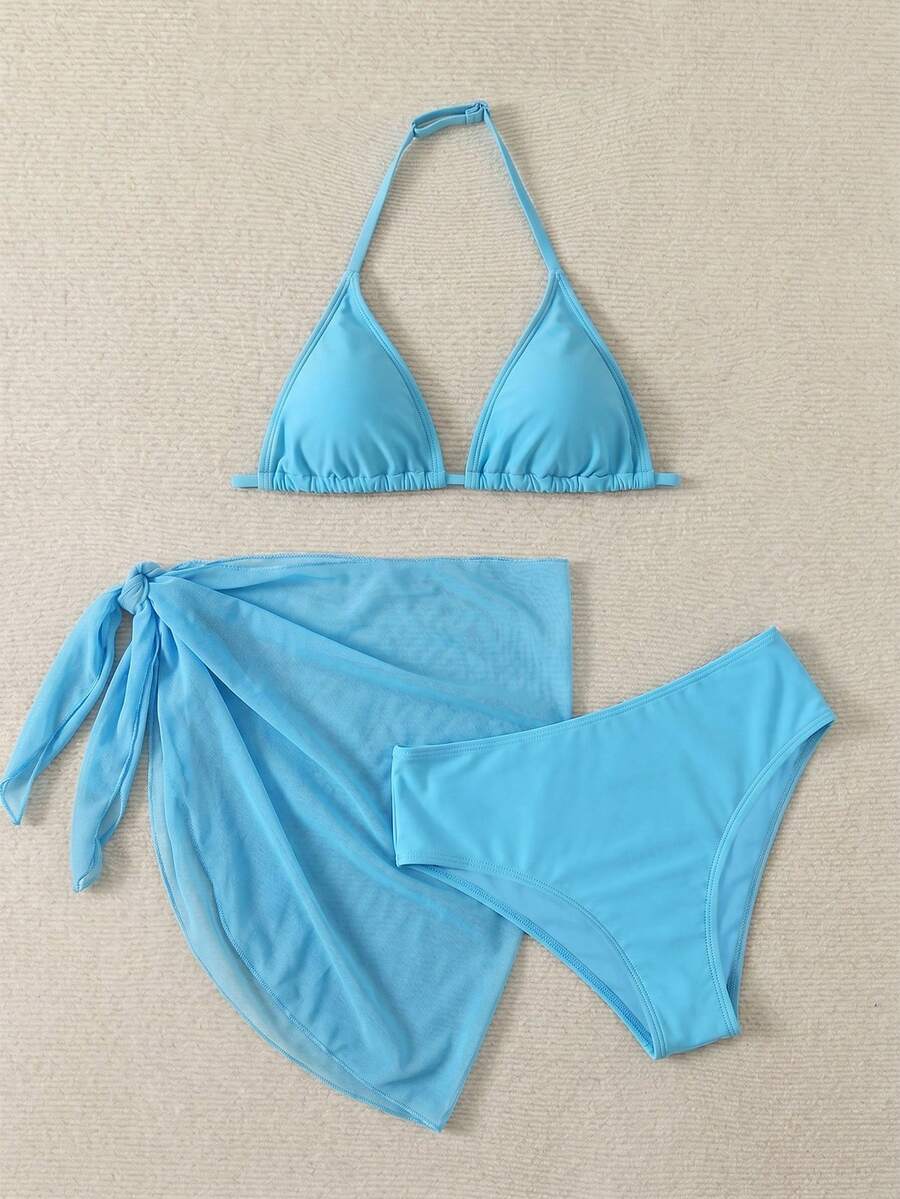 SHEIN 少女三件套泳装:碎花比基尼上衣、泳裤和系带半身裙,蓝白相间 - 藍色 - 查看 1