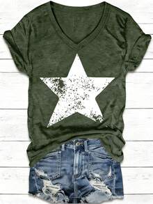 EMERY ROSE Women's V-Neck T-Shirt With Pentagram Print And Contrast Design, Loose Fit, Essential For Spring/Summer, Casual Wear, Suitable For Outdoor - Green - View 3