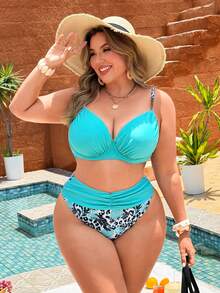 Swim Lushoire 2026 New Plus Size Teal Vacation Style Swimwear, High Elasticity Fabric Lift Support Separate Swimwear Beach Vacation Summer Tropical Sexy - Blue - View 7