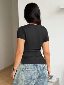 Coolane Camiseta Corta Asimétrica Con Cordón Y Talla Grande unicolor Para El Verano - Negro - Ver 6
