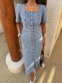 DAZY Women's Square Neck Waist Cinched X-Shaped Short Sleeve Mid-Length Button Down Denim Dress, Spring & Summer Sun Dresses For Women - Blue - View 4