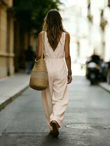 SHEIN Holidaya Bộ áo liền quần mùa hè không tay cổ chữ V bằng vải lanh dành cho nữ, kiểu dáng rộng rãi, ống quần thoải mái, phong cách Pháp giản dị cho kỳ nghỉ. - Màu be - Xem 6