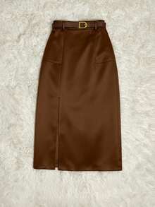 SMUM Women's Corduroy Skirt With Pockets And Slit, With Belt, In Khaki And Leopard Print - Coklat - View 5
