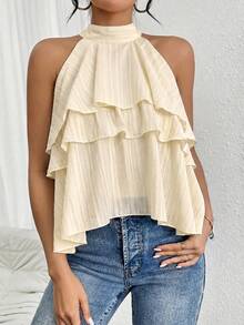 Firerie Blusa de gasa con volantes asimétricos y cuello suelto - Albaricoque - Ver 5