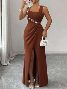 Elenzga Plus Size Sleeveless Square Neck Pearl Decor Waist Fitted Ruffle Slit Elegant Ladies Dress, Lightweight Cocktail Formal Party Mermaid Hem - Brown - View 1