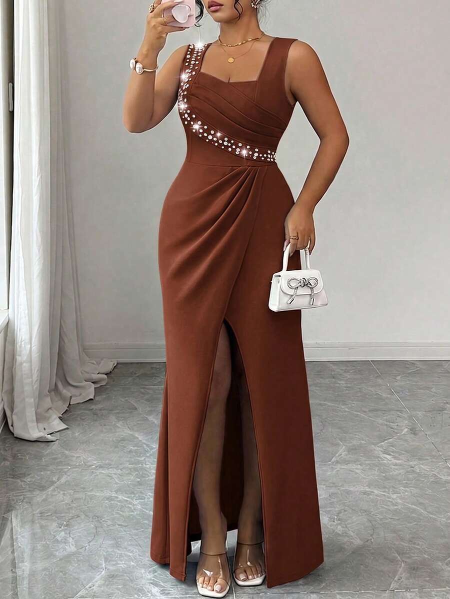 Elenzga Plus Size Sleeveless Square Neck Pearl Decor Waist Fitted Ruffle Slit Elegant Ladies Dress, Lightweight Cocktail Formal Party Mermaid Hem - Brown - View 1