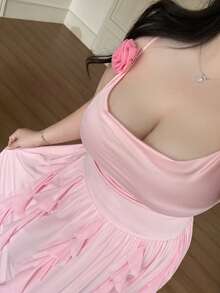 Vibekara 优雅法式度假派对鸡尾酒礼服，花卉装饰垂褶领口无袖A字修身长裙，网纱荷叶边下摆，粉色和酒红色，大码，夏季 - 粉色 - 查看 6