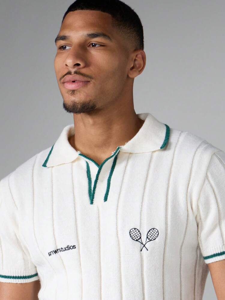 Slim Fit gerippter Polo-Pullover mit Tennisschläger-Stickerei, kontrastierendem Saum, lässiger Sommer-Polokragen-Pullover