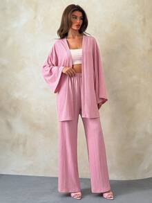 SHEIN Women's Two Pieces Set In Solid Pink – Kimono And Wide Leg Pants - Pink - View 8