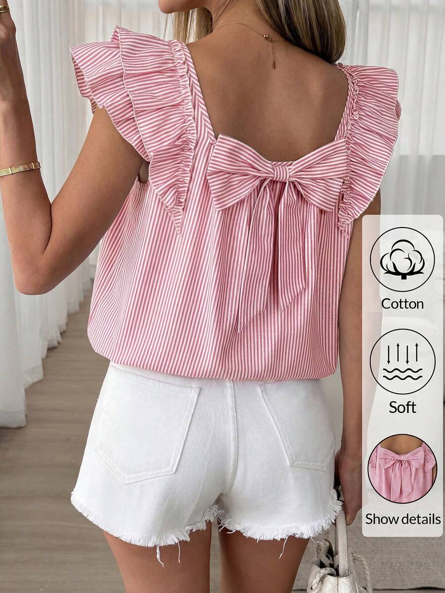 Easowa Camisa de mujer a rayas con detalle de lazo en la espalda y mangas con volantes - Rosa - Ver 1