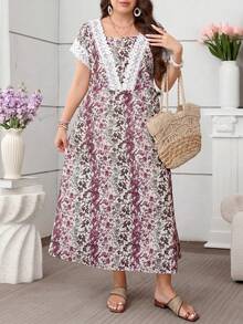 Lacomfia Summer Contrast Lace Trim Ditsy Floral Plus Size Women Dress - Multicolor - View 7
