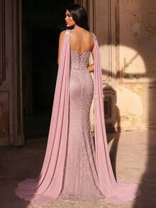 Aureia Women's Strapless Rhinestone Decor Ruched Waist Elegant Evening Gown - Dusty Pink - View 2