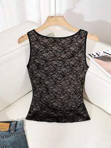 Franclia Camiseta de encaje negro de moda para mujer, versátil y estilizadora - Negro - Ver 2