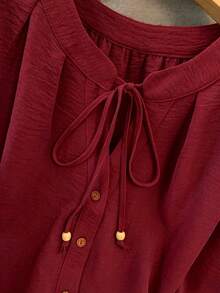 GlowEve CURVE Plus Size Women Elegant Eleganza Solid Color Round Neck Contrast Color Single-Breasted Drawstring Tank Top Sleeveless Formal Office Burgundy Summer - Burgundy - View 6