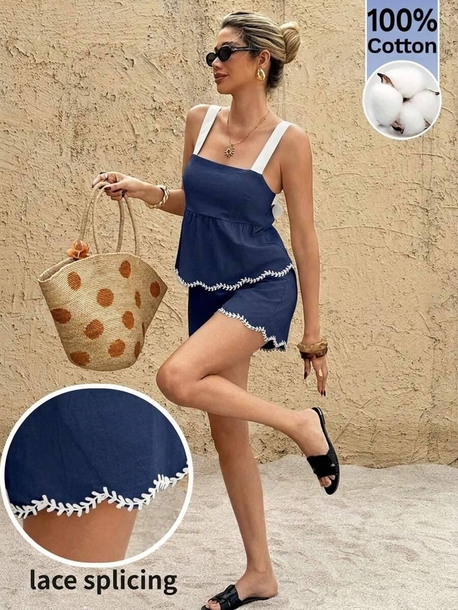 SHEIN Frenchy 女士时尚百搭度假刺绣下摆吊带背心和休闲短裤两件套 - 藏蓝色 - 查看 1