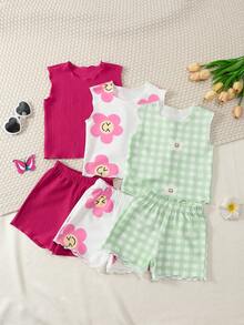 SHEIN Vintaside Kids 女童夏季无袖套装，清新舒适，居家户外皆宜：纯色玫红色套装，无袖上衣+配套短裤，宽松柔软，简约优雅。白色底色搭配粉色花朵图案，卡通元素活泼可爱，无袖设计清爽俏皮。浅绿色格子套装，饰以小脸图案，清新温柔，适合日常居家及户外穿着。 - 彩色 - 查看 7