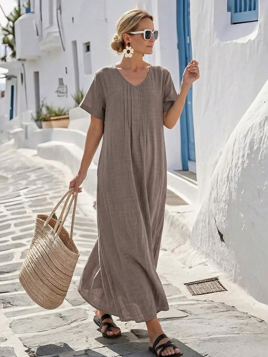 Faunlyn Women's Casual Solid Color Dress Holiday Vacation Shades Of Brown Summer - Brown - View 1