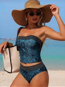 Swim Lushoire Nuevo 2026 Top de bikini corto con tirantes finos, estampado tropical de árbol de coco, cintura alta, sin tirantes y sin espalda, para mujer, para playa y casual de verano - Agua verde azul - Ver 4