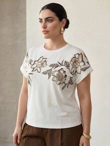 MOTF PREMIUM PLUS SIZE WOMEN'S FLORAL PRINT BATWING SLEEVE LOOSE T-SHIRT, SUMMER - White - View 4