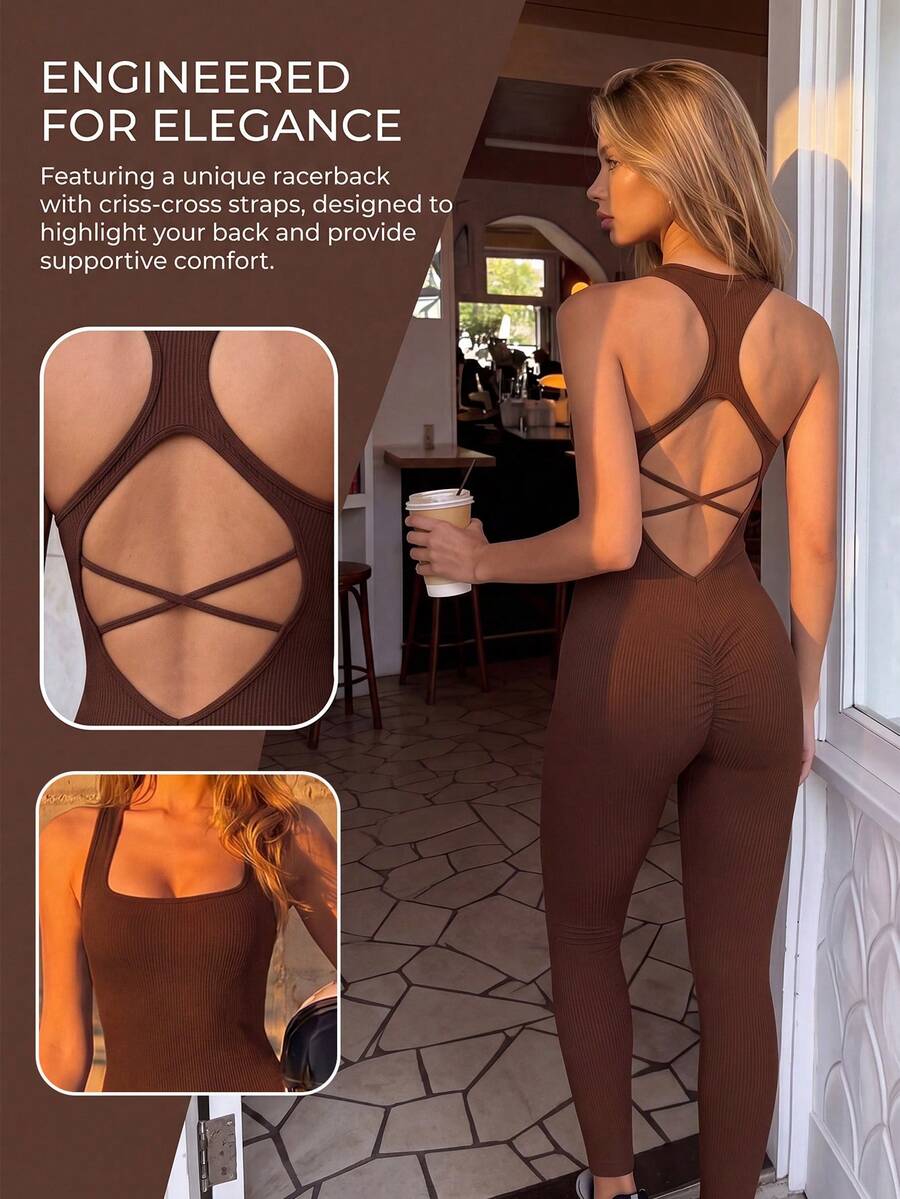Easithlete Bộ jumpsuit nữ gợi cảm với dây chéo lưng. - Cà phê nâu - Xem 1
