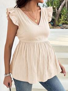 SHEIN Áo bầu cổ chữ V trơn, xếp ly, kiểu dáng thường ngày, đa năng. - Màu be - Xem 9