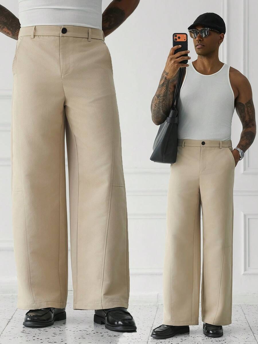 HUEFORM Men's Khaki Relaxed Fit Wide Leg Casual Pants,The Dividing Line Design Makes The Pattern More Three-Dimensional.Suitable For Daily Travel For Men - Khaki - View 1
