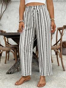 SHEIN VCAY Quần ống rộng kẻ sọc phong cách Bohemian dành cho nữ cỡ lớn, có dây rút ở eo và gấu quần xếp ly. - trắng - Xem 6