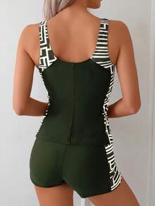 Swim Lushoire Bộ 2 món đồ bơi tankini mùa hè mới, màu kaki, họa tiết hình học ngẫu nhiên, không tay, ôm dáng, xếp ly, kín đáo, quần bơi ngắn, áo bơi thể thao nữ, dây mảnh. - Màu xanh lá cây đậm - Xem 2