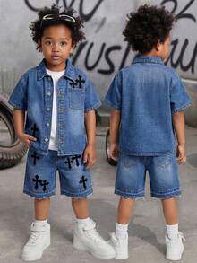Bộ 2 món áo sơ mi và quần short denim đen họa tiết chữ thập cho bé trai - Rửa trung bình - Xem 1