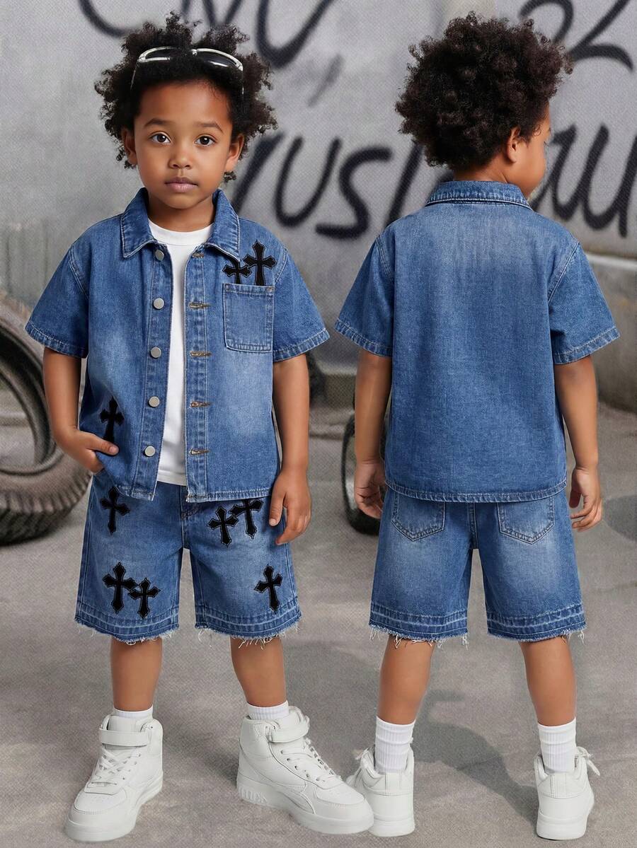 Bộ 2 món áo sơ mi và quần short denim đen họa tiết chữ thập cho bé trai - Rửa trung bình - Xem 1