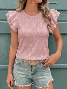 SHEIN Áo kiểu nữ màu trắng, chất liệu dệt họa tiết, cổ tròn, tay ngắn, xếp ly, ôm dáng, phong cách thường ngày, thanh lịch kiểu Pháp, thích hợp cho những chuyến đi chơi mùa xuân và chuẩn bị đi học. - Hồng - Xem 2