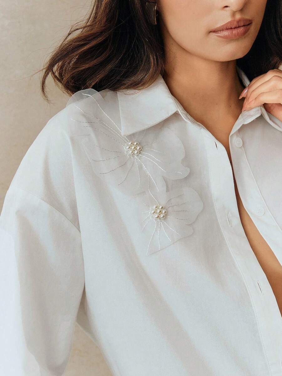 Anewsta 女款刺繡羽毛印花白色寬鬆休閒法式優雅襯衫,適合茶會、辦公室、早午餐、秋季婚禮 - 白色 - 查看 1
