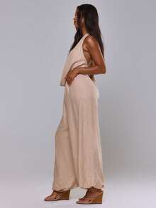 MUSERA MUSERA Bộ jumpsuit ống rộng, cổ đổ, xẻ sâu, thích hợp cho kỳ nghỉ hè, phong cách Ibiza, boho, thanh lịch và thường ngày. - Màu Khaki - Xem 3