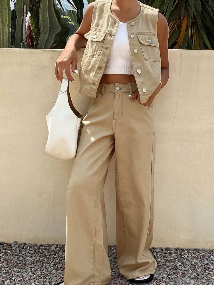 Women's Single-Breasted Vest And Wide-Leg Jeans Casual Suit