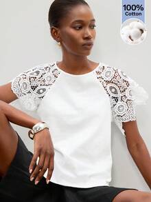 Maija Women's Summer Casual Elegant Solid Color Lace Splice Raglan Sleeve T-Shirt,White Top, Tea Party Wear,Going Out Outfits - White - View 4