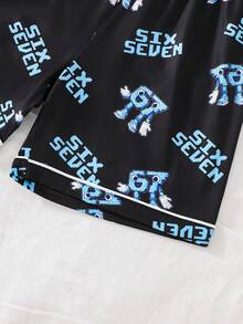 夏季青少年男童时尚“SIX SEVEN”卡通印花睡衣套装，Polo领开衫配白色滚边，短袖上衣+宽松短裤两件套，柔软透气面料，适合男童日常休闲居家穿着，宽松舒适的家居服，适合大龄儿童 - 黑色 - 查看 6