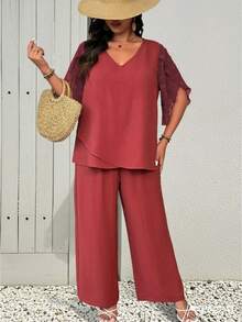 SHEIN LUNE 2 件套大码女式休闲镂空拼接荷叶边袖上衣和直筒裤度假套装 - 玫紅色 - 查看 6