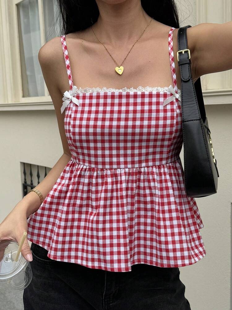 Women's Red Plaid Bow Tie Splice Casual Fitted Tank Top, Suitable For Spring & Summer