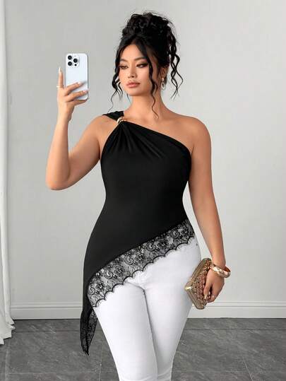 Elenzga Plus Size Women Asymmetric Lace Hem Solid Color Elastic Tight Fit One Shoulder T-Shirt, Summer