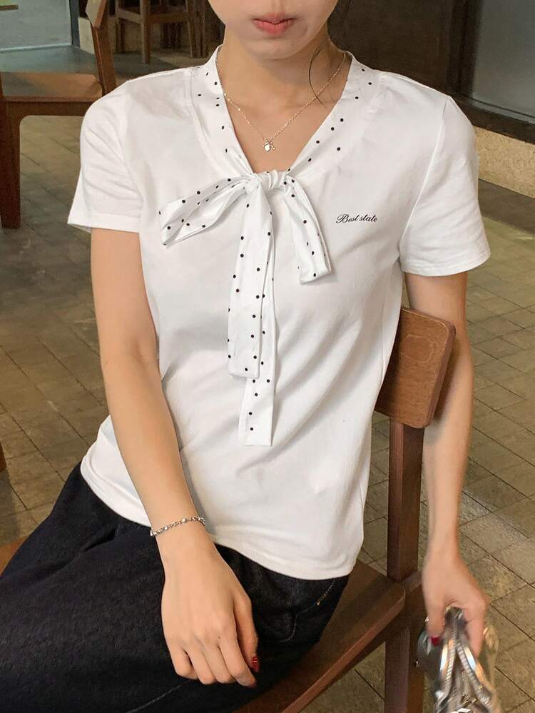 Women's Summer Polka Dot Ribbon Collar Patchwork Short Sleeve Fitted Letter Print Casual Urban Tee