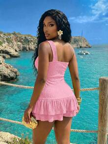 Slaydiva Women Soft Pink Summer Casual One-Shoulder Knotted Multi-Layer Ruffle Jumpsuit,Slim Fit Textured Beach Holiday Vacation Resort Fashion Outfits - Pink - View 2