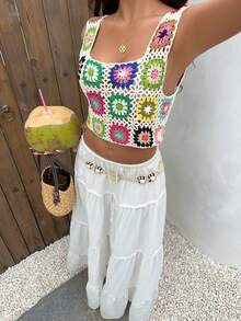 Selianne Cover Up Beach Multicolor Sleeveless Square Neck Crochet Floral Patchwork Hollow-Out Textured Women Sweater Vest Top, Spring/Summer - White - View 5