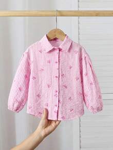 SHEIN LMoss Kids LMoss 女童宽松条纹翻领休闲衬衫 - 粉色 - 查看 2