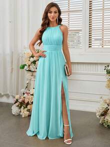 SHEIN Belle Đầm phù dâu xẻ cao, thắt eo, kiểu cổ yếm. - Màu xanh ngọc - Xem 6